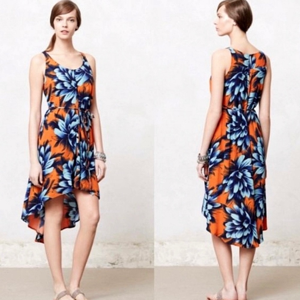 Anthropologie Maeve Sunset Hibiscus High low Maxi Dress with Waist Tie Size 8